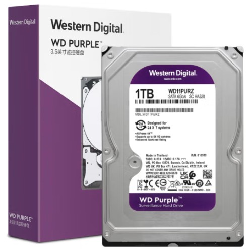 西部数据 监控级硬盘 WD Purple 西数紫盘 1TB CMR垂直 64MB SATA (WD11PURZ)